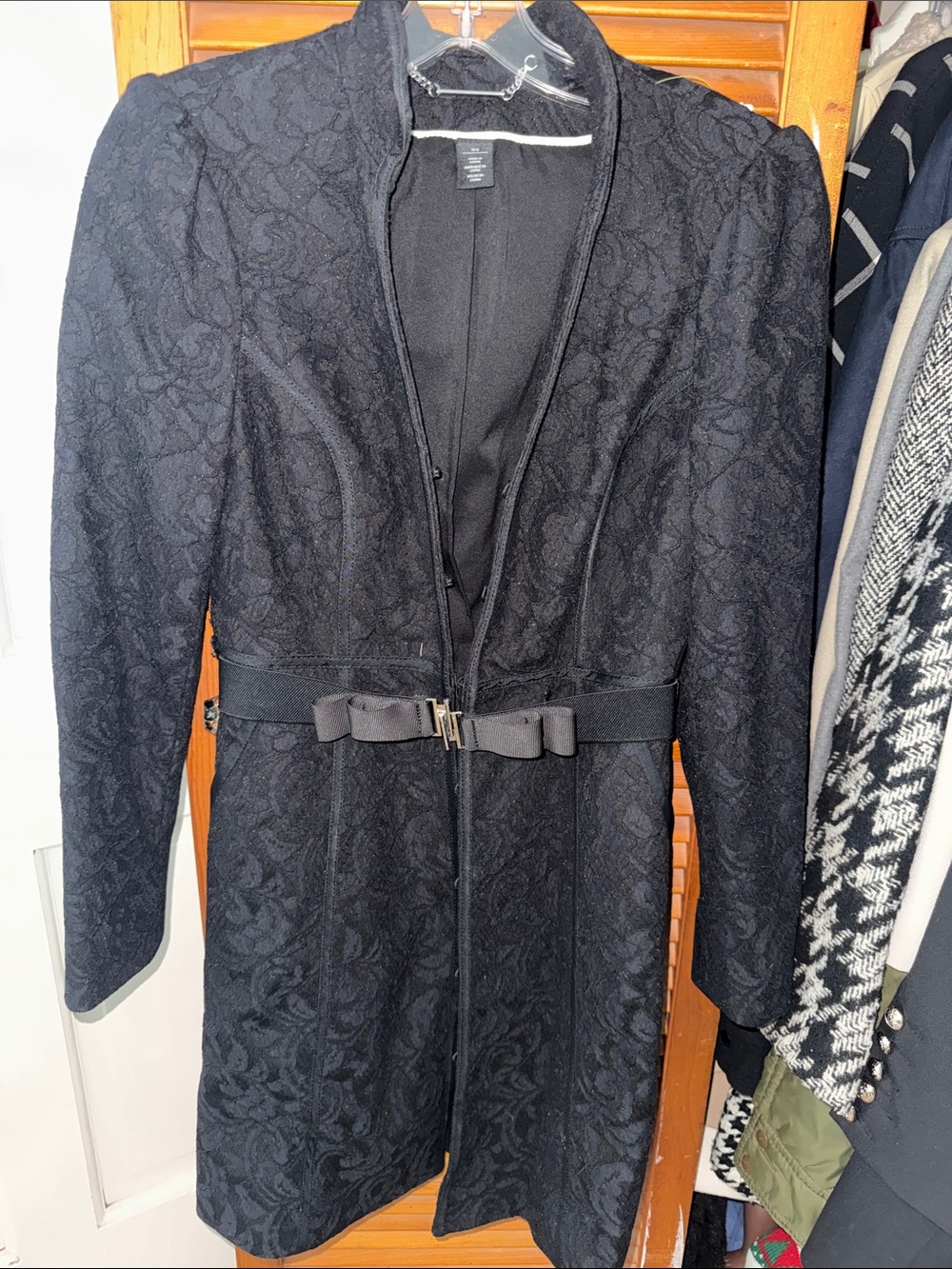 Black Lace-Textured Belted Women's Dress